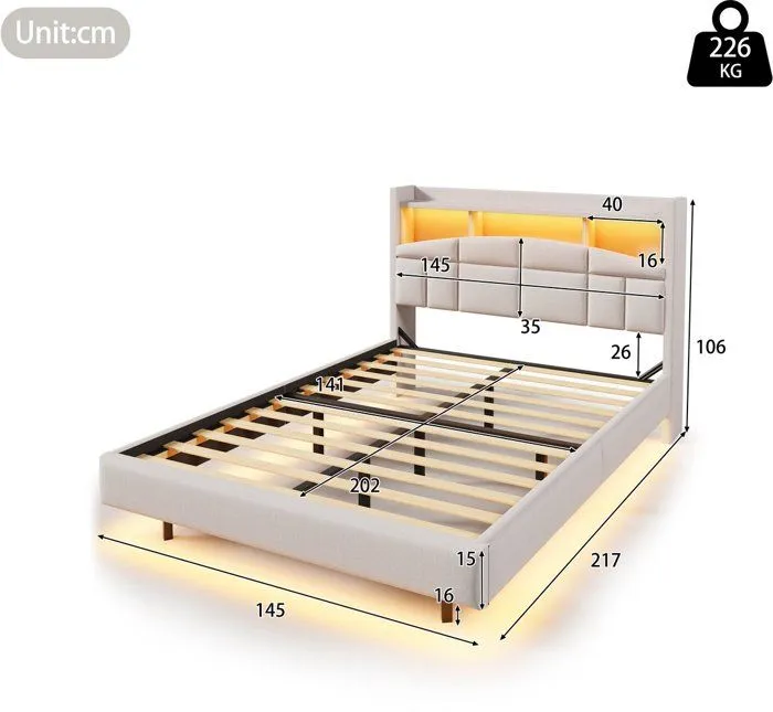 Lit double 140x200cm, étagère rabattable, tête de lit avec étagère, USB et lumières LED, sans matelas, beige-3