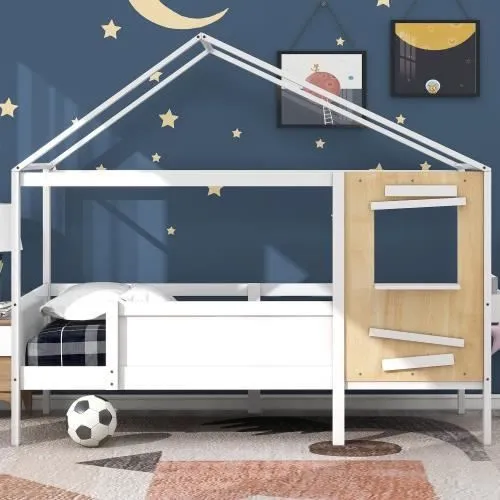 Lit enfant cabane avec fenêtre, avec petit coffre en bois, cadre en pin, panneau de protection en MDF, blanc (200x90cm)-1