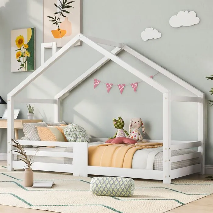 Lit cabane enfant 90 x 200cm, avec protection contre les chutes et cheminée, sommiers à lattes robustes, en bois de pin, blanc-0