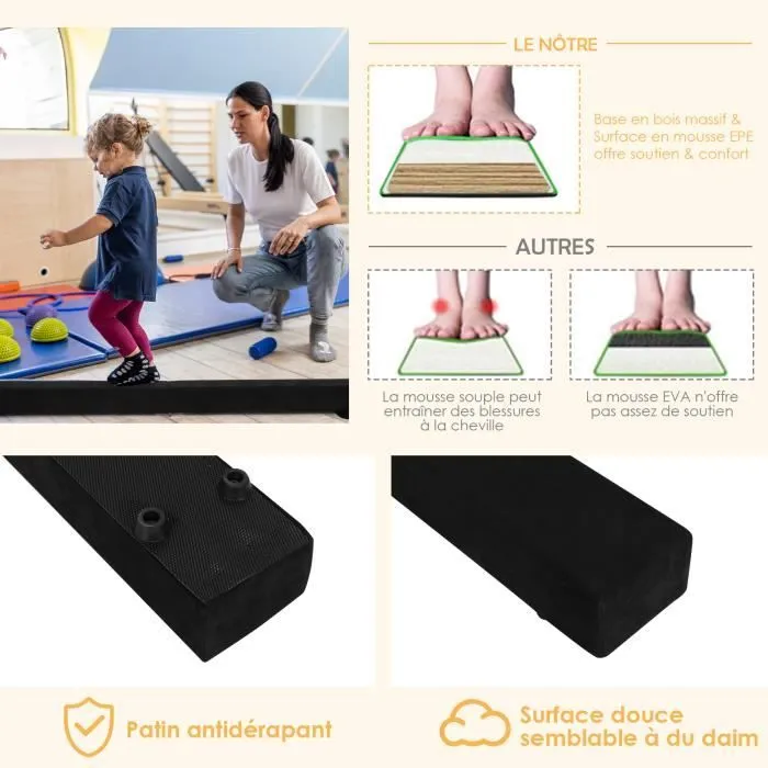 COSTWAY Poutre de Gymnastique Pliable 210cm pour Enfants avec Poignées de Transport 4 Patins Antidérapants Couverture en Daim Noir-2