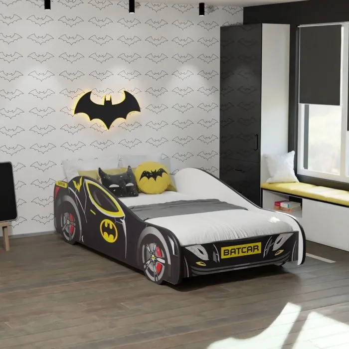 Lit enfant auto pour un garçon "Batcar"+ sommier 140x70 cm-0