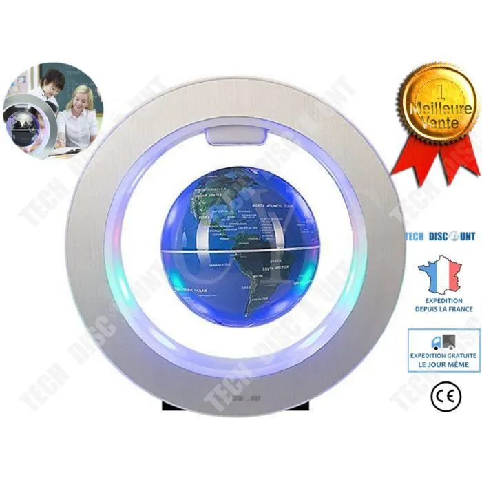 TD® Globe terrestre flottant magnétique lumineux enfant vintage interactif lévitation LED bleu espace boule plastique lampe couleur-0