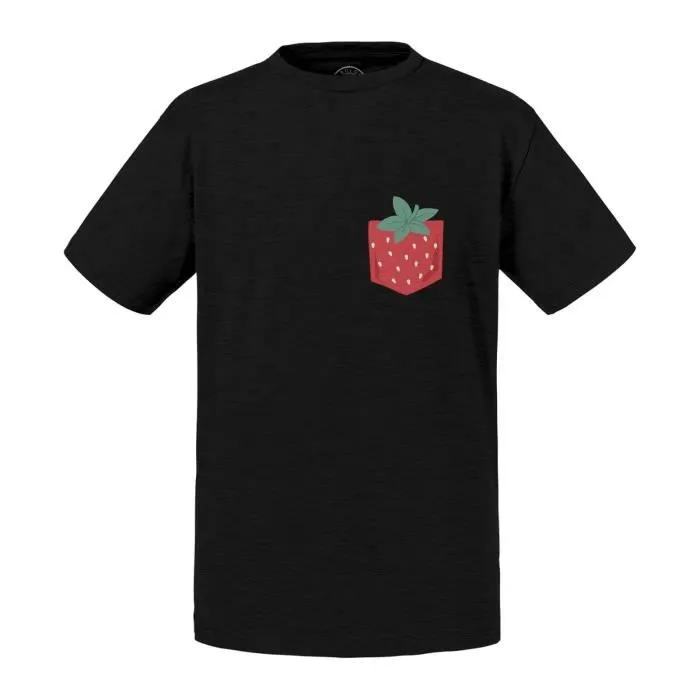 T-shirt Enfant Noir Poche Fraise Printemps Fruit Mignon Illustration Dessin-0