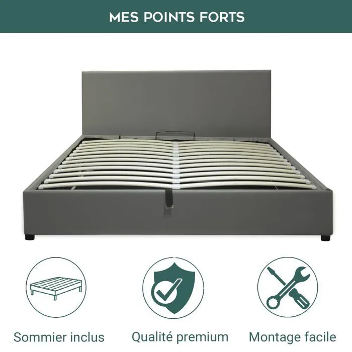 Lit Coffre Prestige 90 x 190 by Sampur | Simili Cuir Gris | Sommier à Lattes en Bois + Tête de Lit inclus - Design Moderne-2