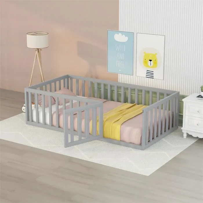 Lit évolutif bébé Lit d'enfant 90 x 200, fond en bois Cadre de lit avec barrière et porte, Gris-0