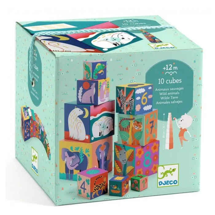 Cubes à empiler Animaux sauvages - DJECO - 10 cubes en carton épais - Mixte - 12 mois+-2