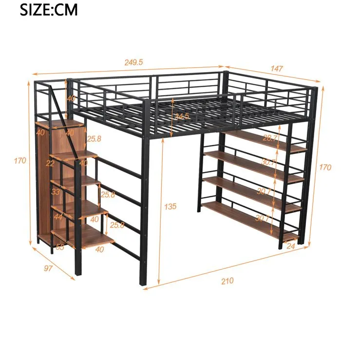 Lit mezzanine - Noir - 140x200cm - Escalier de sécurité - Espace de rangement - 1 place-3