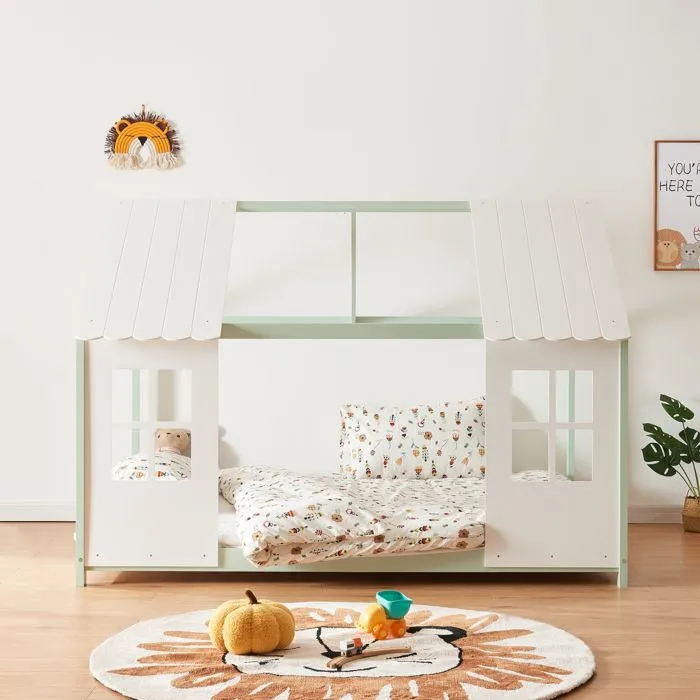 Lit cabane Tostedt pour enfant 120 x 200 cm avec matelas sommier à lattes bois de pin vert menthe blanc [en.casa]  *88565882*-2