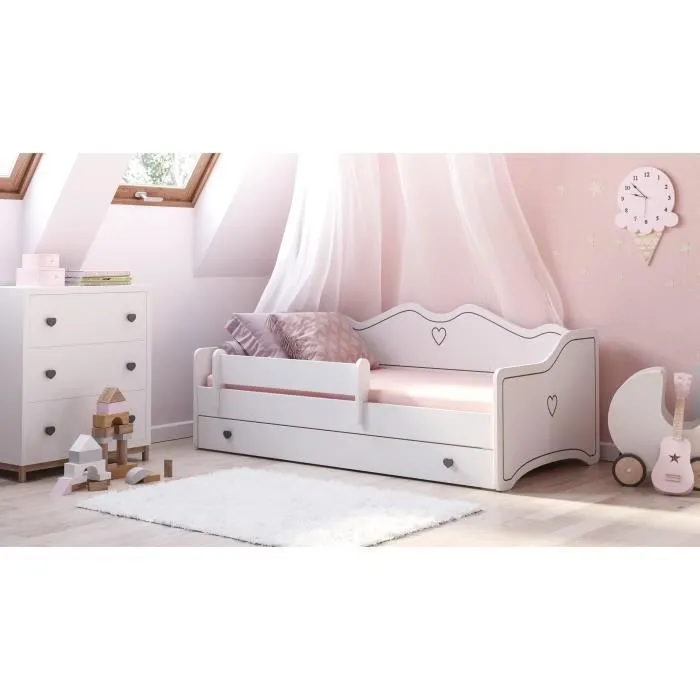 Lit enfant pour une fille EMMA 80x160 avec matelas + sommier + tiroir en blanc-1