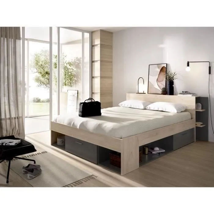 SAX Lit adulte - 160x200 cm - 3 tiroirs + Tête de lit avec rangement - Décor chêne et anthracite-1