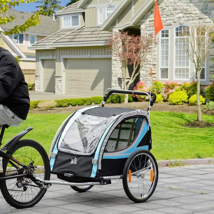 HOMCOM Remorque vélo pour Enfant 2 en 1 Convertible Jogger Poussette capacité 26,4 kg avec réflecteurs et Drapeau - 2 Places - Bleu-1