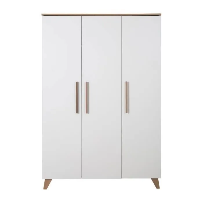 Armoire Bébé 3 Portes ROBA - Ole - Armoire de Rangement à 6 Compartiments et Penderie - Style Scandinave - Blanc Mat - Décor Chêne-0