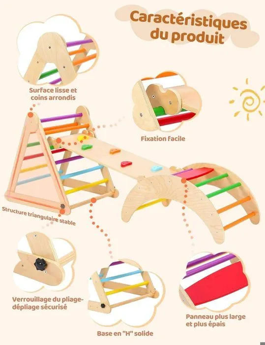 7 en 1 Triangle Arche Montessori, Arche d'escalade avec Toboggan Bois, Rampe, Échelle Réglable, pour Tout-Petits Bébé 1 Ans+-2