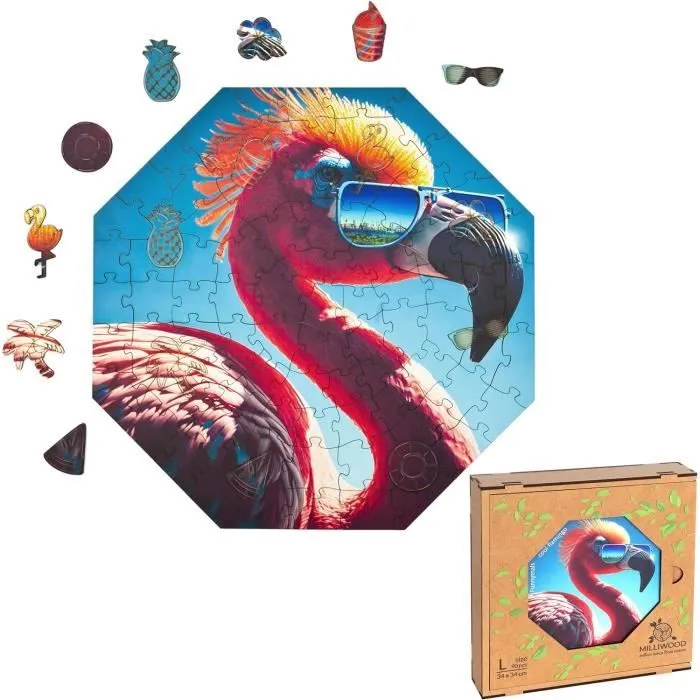 Puzzle en bois pour Enfants - MILLIWOOD - Série Funnymals - Flamant cool - 90 éléments-0