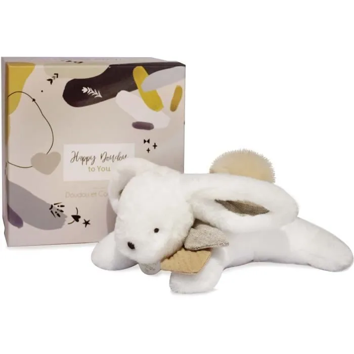 Doudou et Compagnie - Peluche Lapin -25 cm - Blanc/Sable - Lapin Pompon Naturel - Boîte Cadeau - Happy Wild - Happy Doudou To You-0