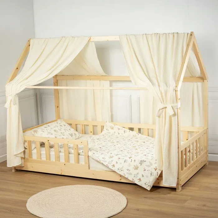 Set double ciel de lit cabane en gaze de coton DUO Écru 130x390 cm-1