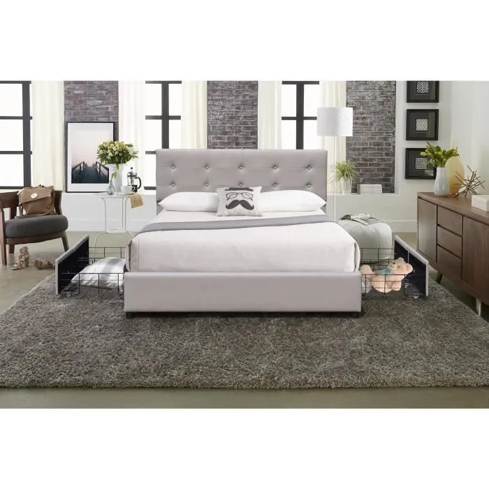 chloe - Solide et Confortable Lit 140x200 avec Sommier avec 4 tiroirs Tete de lit Couleur GRIS Pieds en 4 cm-1