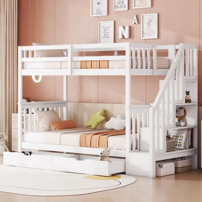 Lit superposé 90x200cm - structure escalier - avec 2 tiroirs - 3 étagères de rangement - sommier à lattes - Blanc-0