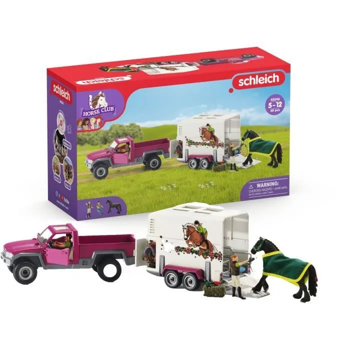 Pick-up avec remorque pour cheval, coffret figurines schleich avec 38 éléments dont 1 cheval inclus, Schleich 42346 Horse Club-0