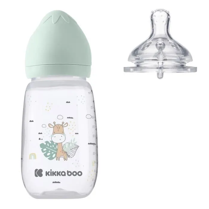 Kikkaboo Biberon Savanna 310ml Tétine silicone taille M Anti-colique 6 mois et + [Vert]-1