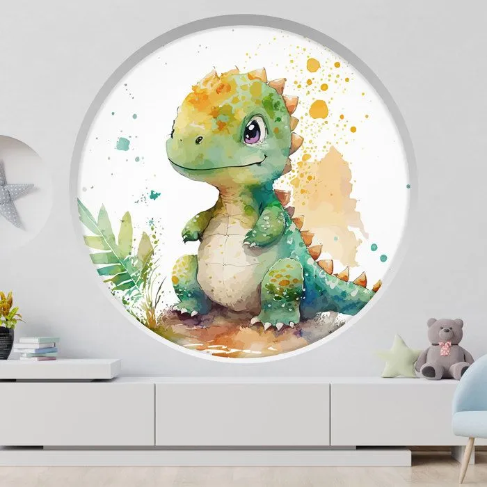 Stickers Trompe l'oeil Arche ronde Enfants - Bébé dinosaure 3617689712628 - Diamètre 130 cm-1