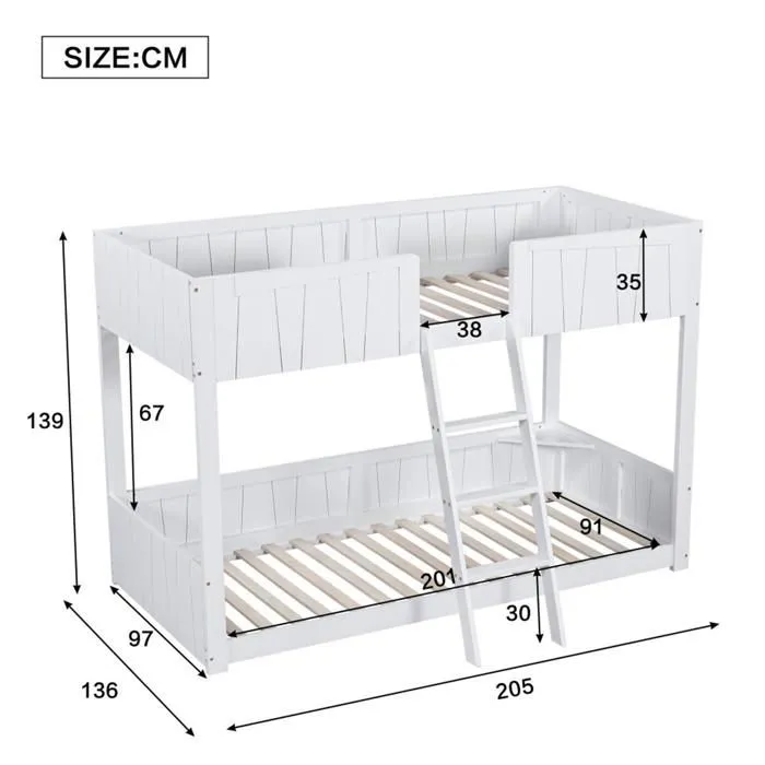 Lit superposé avec échelle à trois marches, design de la barrière de sécurité, cadre en bois massif, pin + MDF, blanc, 90x200 cm-5