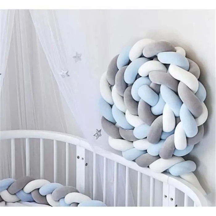 Tour de Lit Coussin Serpent 3M - Blanc+Gris+Bleu - Pare-chocs Tressé en Velours et Coton PP-1