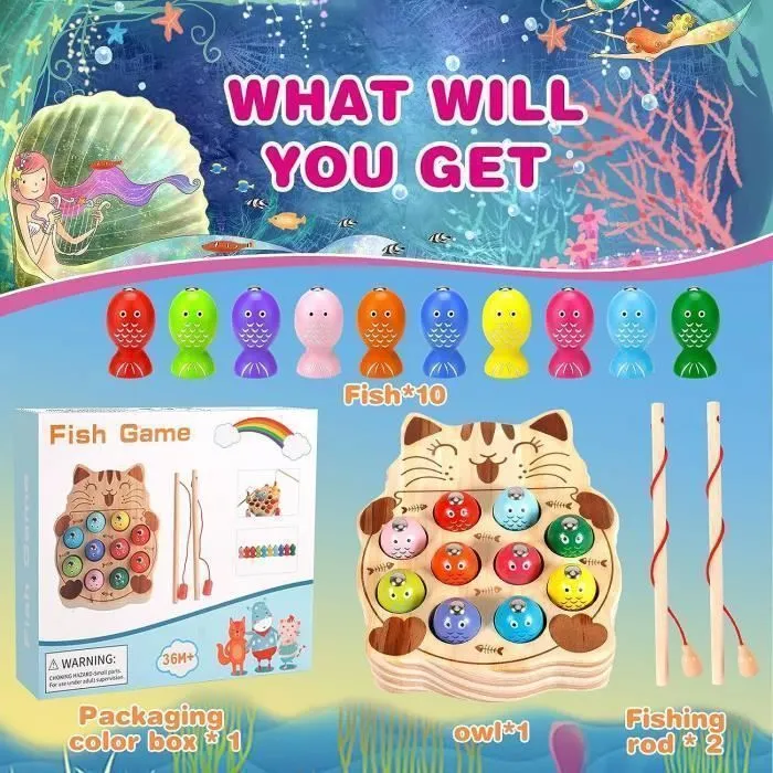 100 PACK Jouets en Bois Jeu de pêche, GENOSSEN Jeux Montessori,,Jeux Magnetique Enfant,Cadeau Garçon Fille,Jeux Enfants Cadeau-3