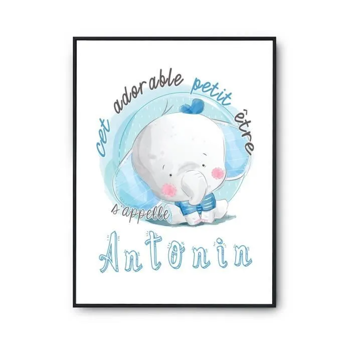 Affiche bébé prénom Antonin Éléphant | Poster pour chambre bébé et enfant pour décoration murale qualité papier Premium A2-0