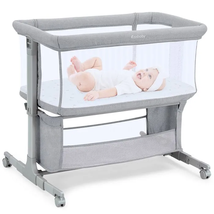 Lit Bébé Cododo 3 en 1, Lit Parapluie à 10 kg,Hauteur Réglable 7 Niveaux,avec Matelas, Côté Repliable,Maille Respirante, Gris clair-0