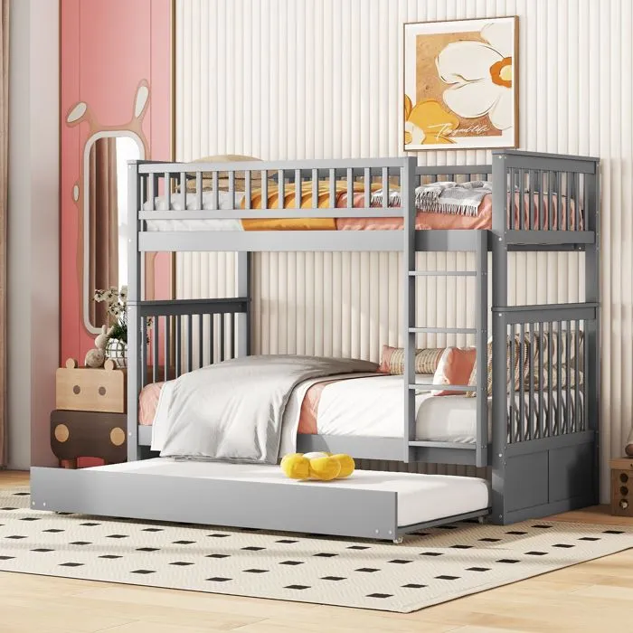 Lit superposé - Enfant - 90x200 cm - Bois massif - Gris - Lit gigogne inclus-0