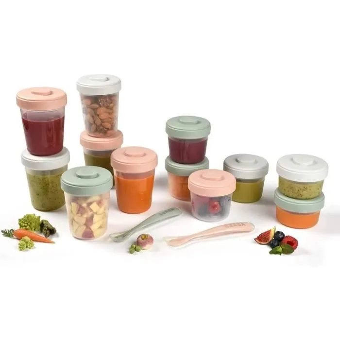 BÉABA - Lot 12 Portions Conservation et 2 Cuillères Silicone - Pack 1er Repas - Eucalyptus-1