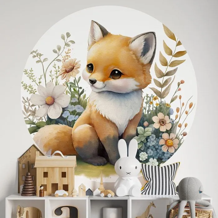Sticker mural rond - Bébé Renard - Adhésif MATE - Diamètre 90 cm - Vinyle - Enfant-0