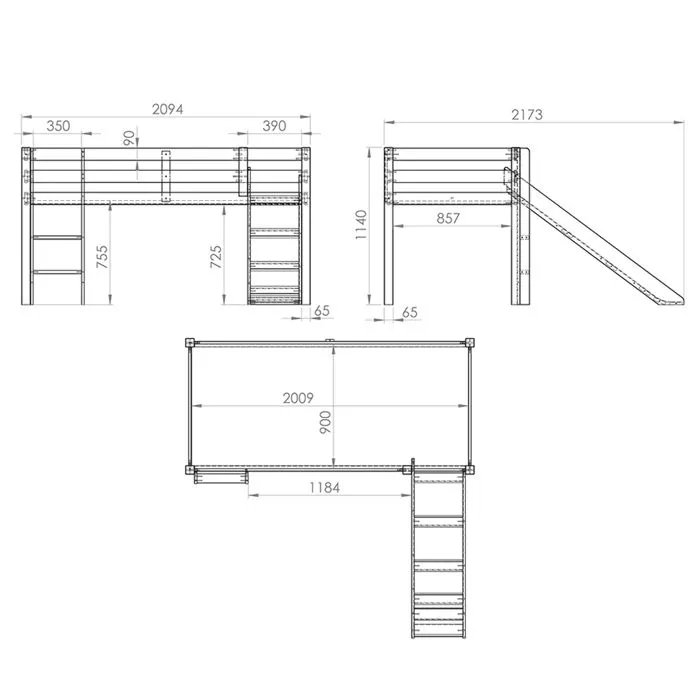 Lit mezzanine avec toboggan et rideau de lit Police - Vipack - Pino - Bois massif - Blanc - 1 place - 90x200 cm-4