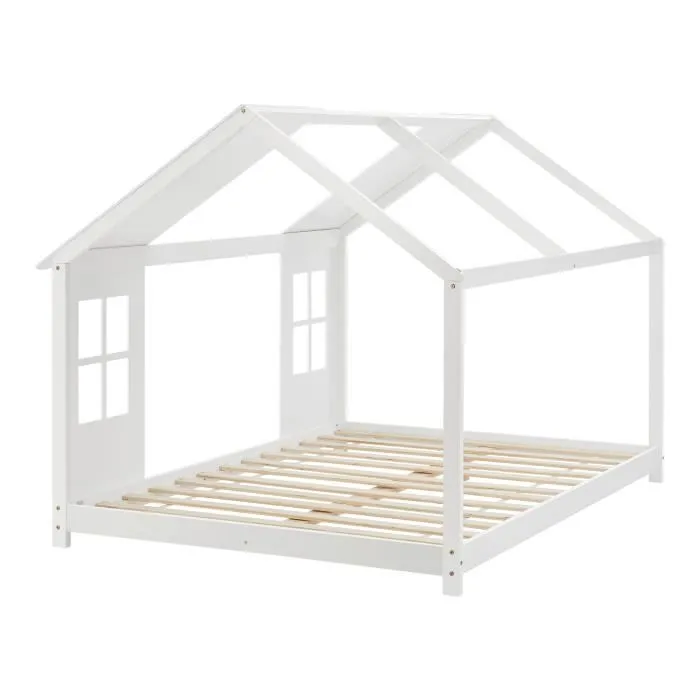 Lit cabane Tostedt pour enfant forme maison bois de pin 140 x 200 cm blanc [en.casa]-3
