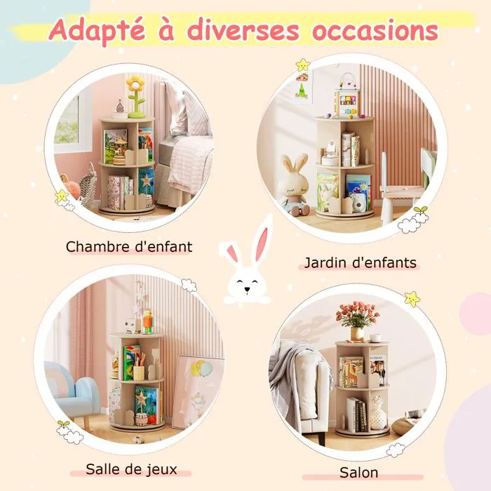 COSTWAY Bibliothèque d’Angle Ronde et Rotative pour Enfants à 2 Niveaux Étagère de Rangement Pivotante à 360° 40 x 65 cm Naturel-3