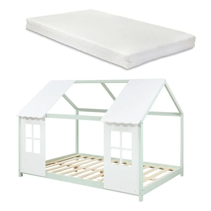 Lit cabane Tostedt pour enfant 120 x 200 cm avec matelas sommier à lattes bois de pin vert menthe blanc [en.casa]  *88565882*-1