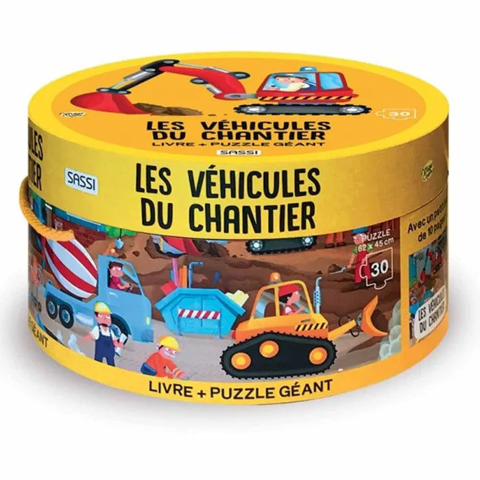 Puzzle géant - Sassi Junior - Les véhicules du chantier - 30 pièces - Livre inclus - Dès 3 ans-0