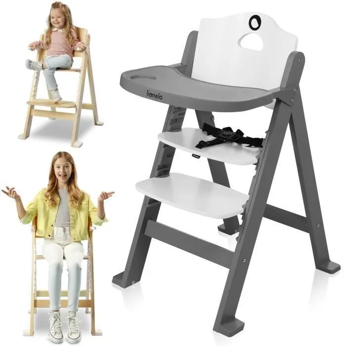 Lionelo Floris Chaise haute en bois pour bébé jusqu'à 40 kg, Gris-0