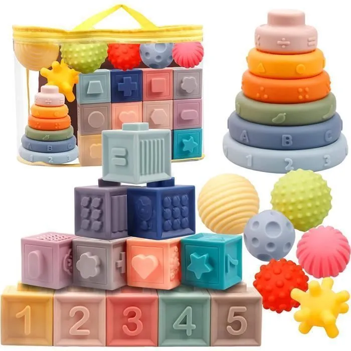 Bebeboutik Jeux Montessori Bebe 6 12 Mois Cube Souples Empiler Anneaux d empilage Balle Sensoriel Jouets D education precoce 6 9 12 Mois