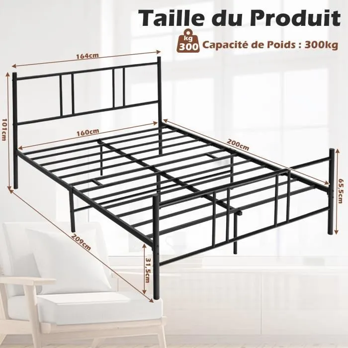 COSTWAY Lit Double pour Adulte - Cadre de Lit en Métal - 160 x 200 CM - 9 pieds de Support - pas de Sommier Nécessaire - sans Bruit-3