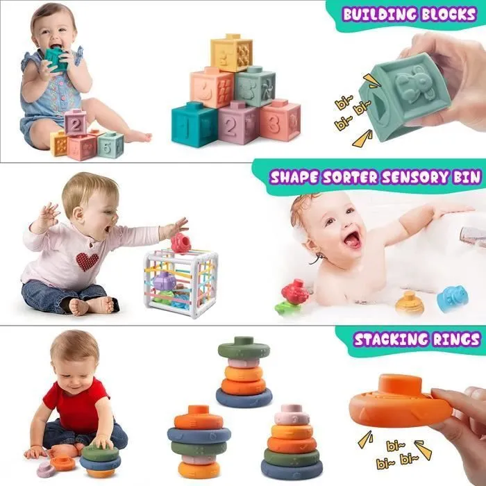 Jeux de Bébé Montessori 6 mois - 3 ans 4 en 1 Anneaux Empilables en Cube Souple Jeux de Corde à Tirer Jouets éducatifs Sensoriel-1