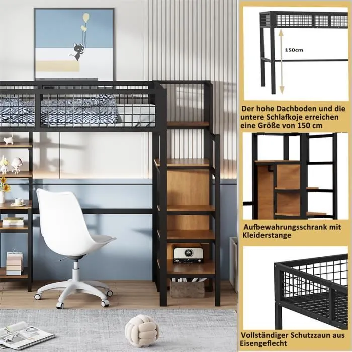 Lit mezzanine - Enfant - 90x200cm - Noir - Échelle de sécurité - Bureau intégré-2