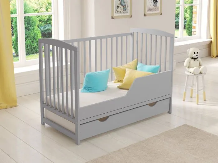 Lit bebe 120x60cm avec tiroir,Lit Bebe evolutif avec Matelas en Mousse,barrière de sécurité en Bois et Gaine protectrice, Gris-2