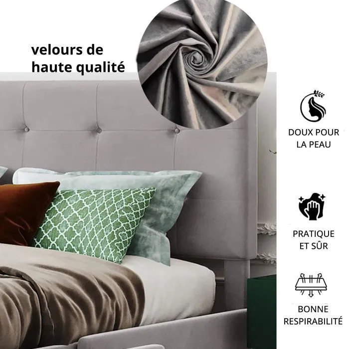 Lit double adulte 140x200cm avec tiroir, sommier à lattes et dossier, tissu velours doux pour la peau, Gris (sans matelas)-2