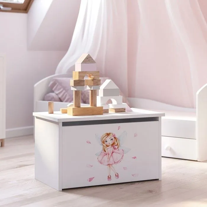 Coffre à jouets pour enfants - DARIA - Boîte de rangement - Vérin pneumatique – BLANC "fille avec des ailes"-0