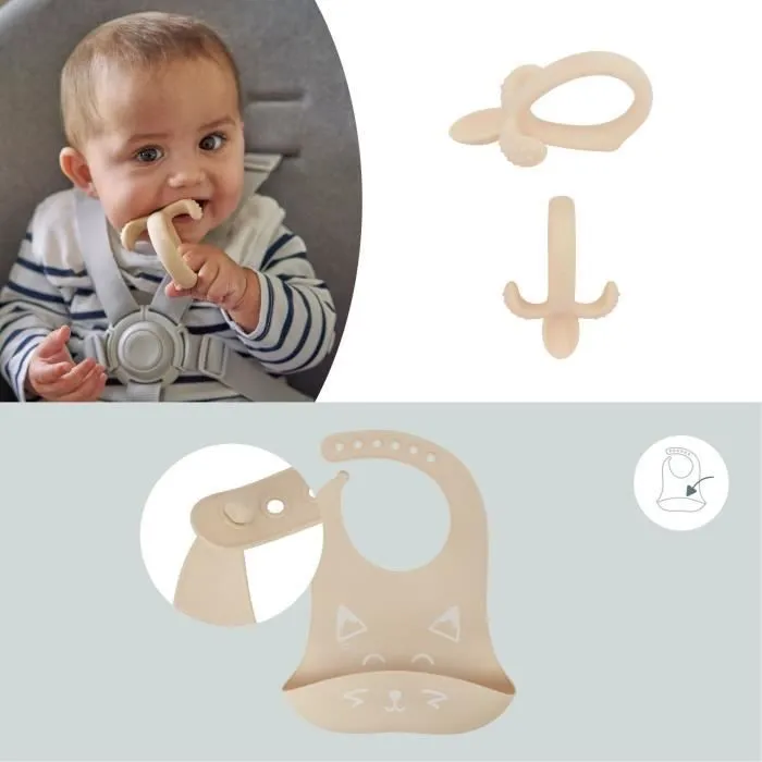 BABYMOOV Kit repas bébé FIRST'ISY bol antidérapant + cuillère ergonomique avec masseur de gencives + bavoir, 6-12 mois, renard-3
