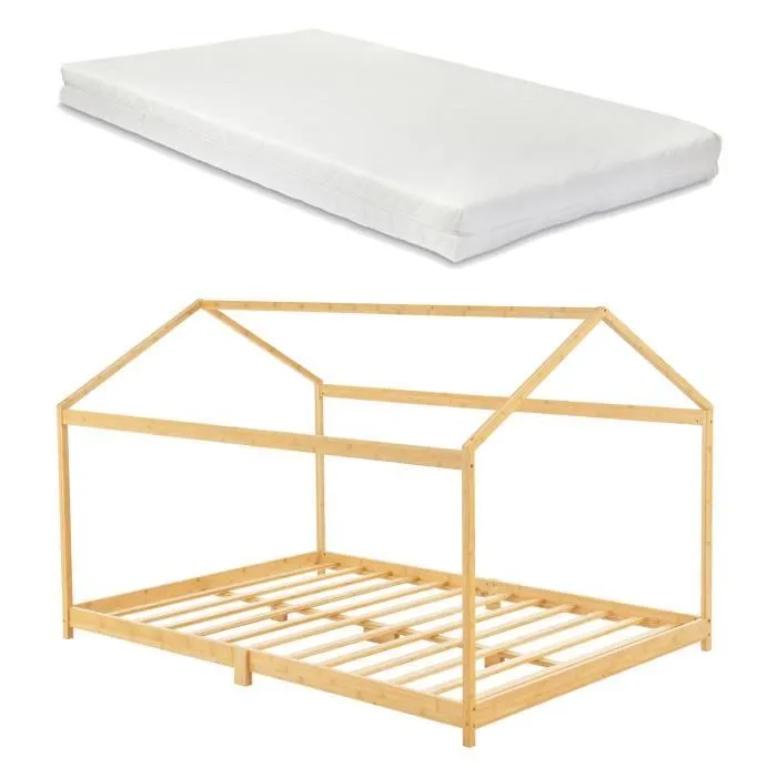 Lit cabane Vindafjord pour enfant 180 x 200 cm avec matelas sommier à lattes bambou naturel [en.casa]-1