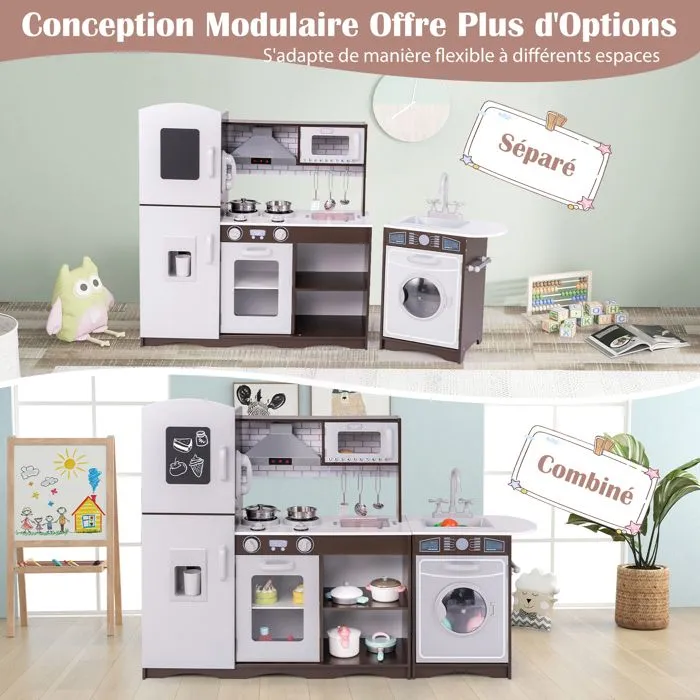 COSTWAY Cuisine d'Angle XXL pour Enfants de 3 Ans+ 8 Accessoires avec Téléphone , Machine à Glaçons, Micro-Ondes, Machine à Laver-4