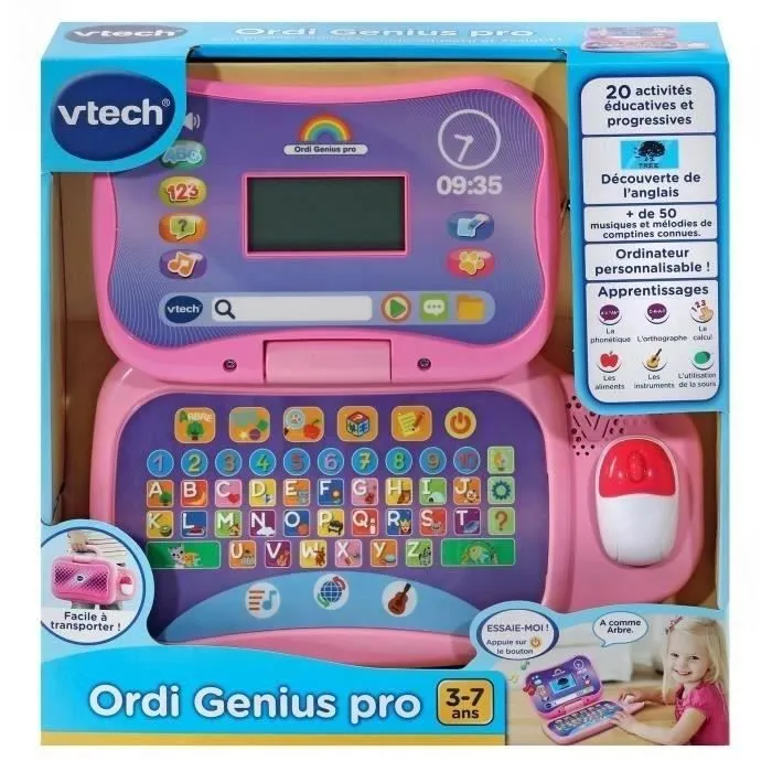 Ordinateur éducatif VTECH ORDI GENIUS PRO ROSE pour enfants de 3 à 7 ans avec souris et 20 activités incluses-1